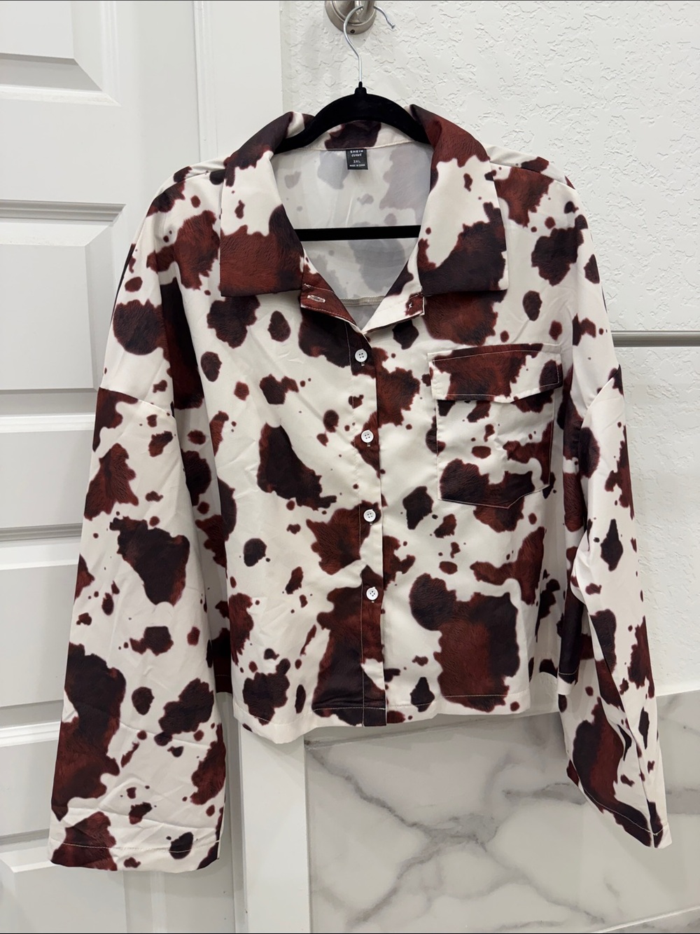 Cow-Print Button Front Plus Size Blouse in White and Brown
